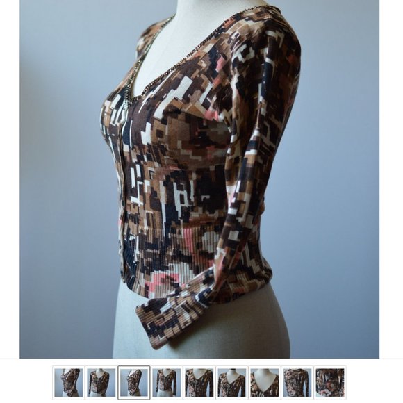 Women Cropped Blouse Cashmere|Silk Long Sleeve Geometric V Neck - Picture 3 of 7